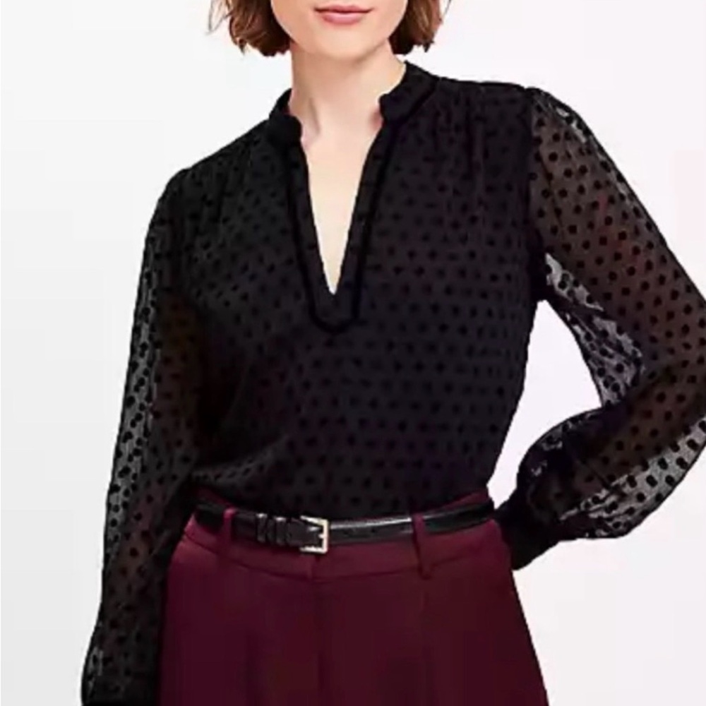 LOFT Black Swiss Dot Split Neck Blouse